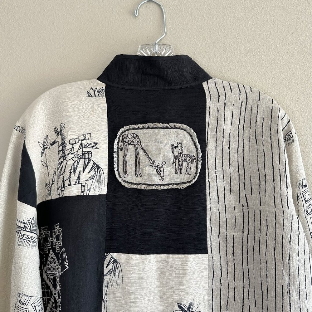 Chico's Silk and Linen Blend Patchwork Art to Wear Jacket, Black Cream, Large - Picture 8 of 11